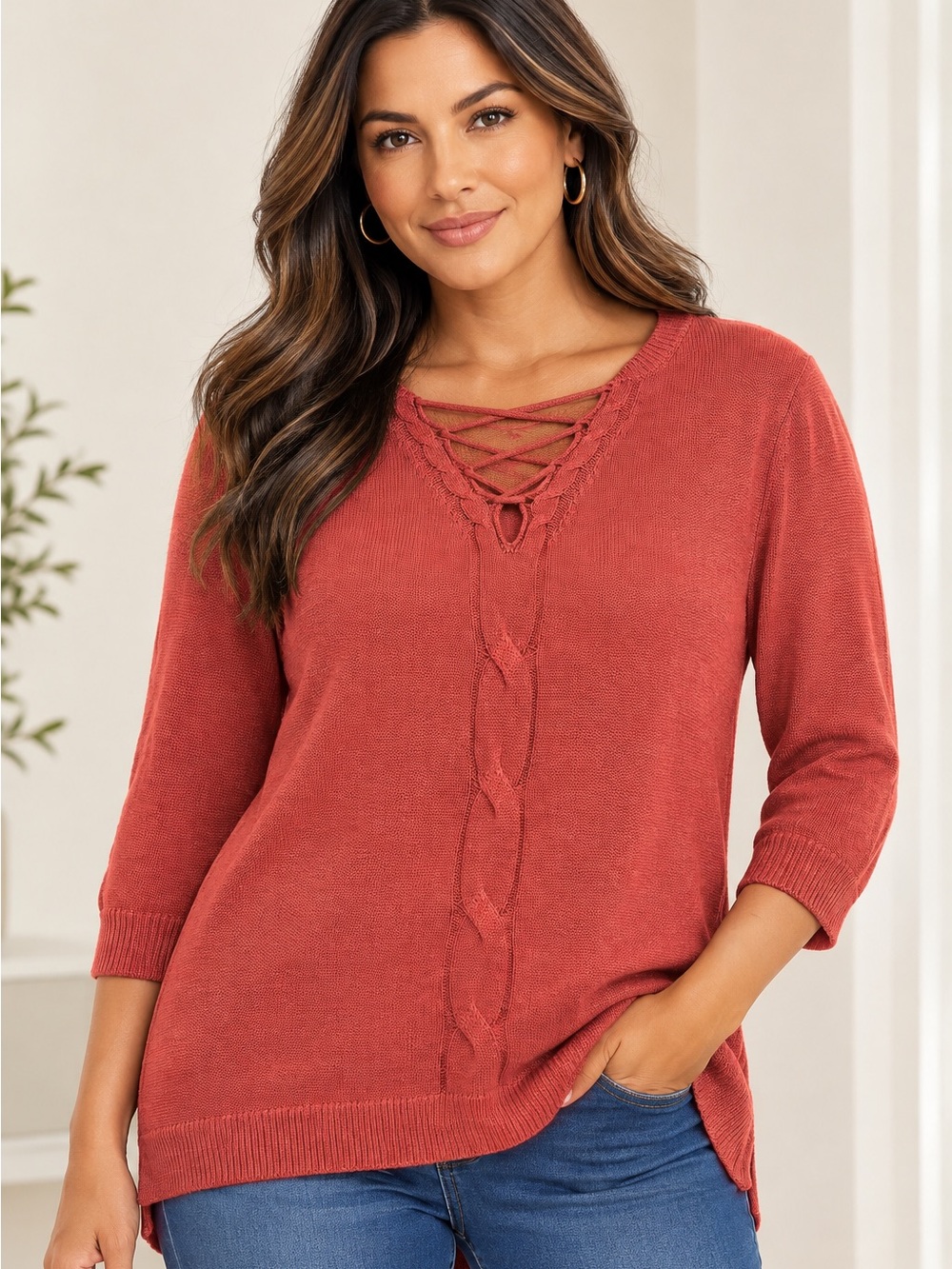 SOHO New York & Company Lace-Up Cable Knit Sweater Coral Size L